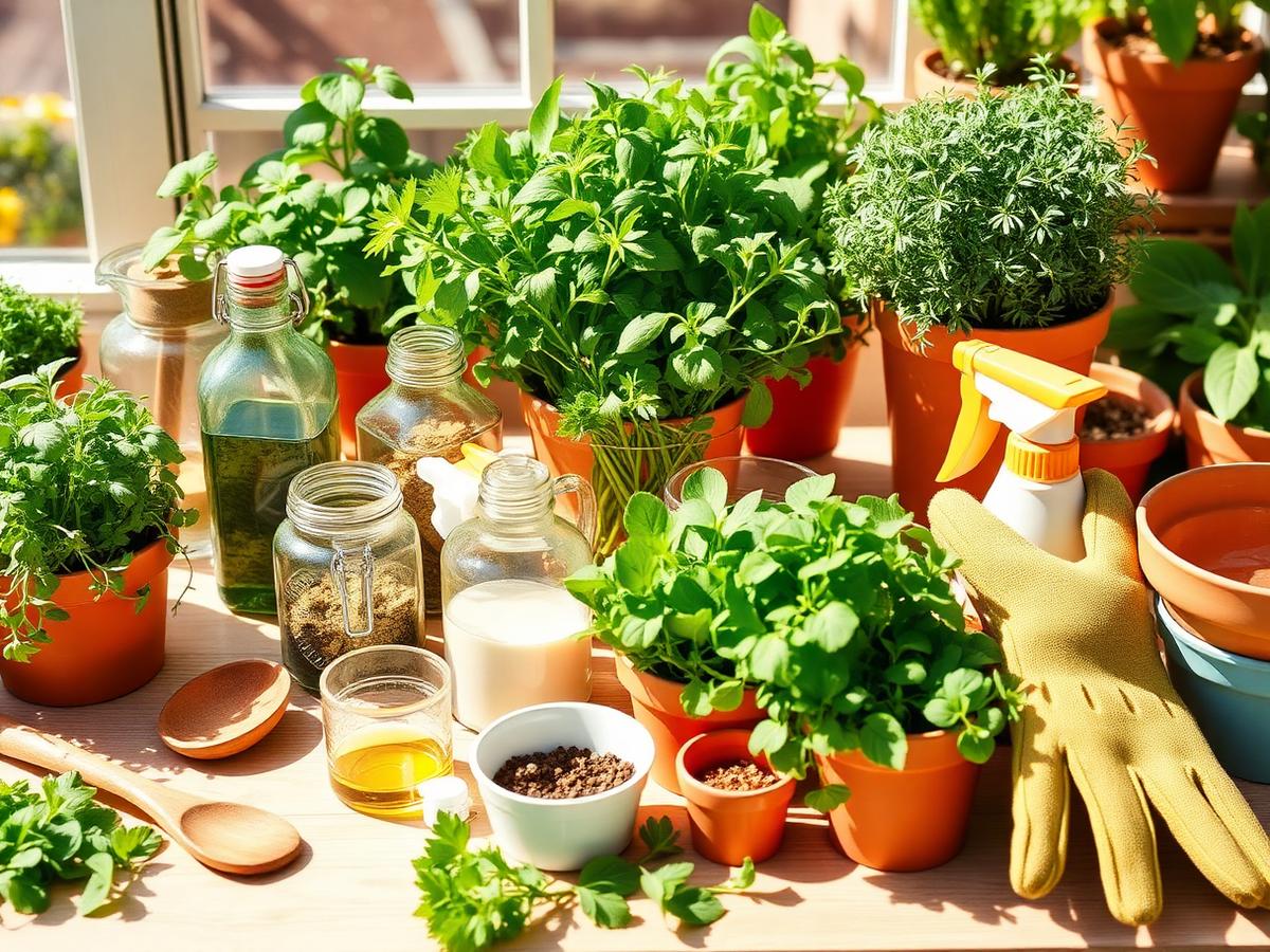 Plantas aromáticas y utensilios para preparar recetas caseras de jardinería