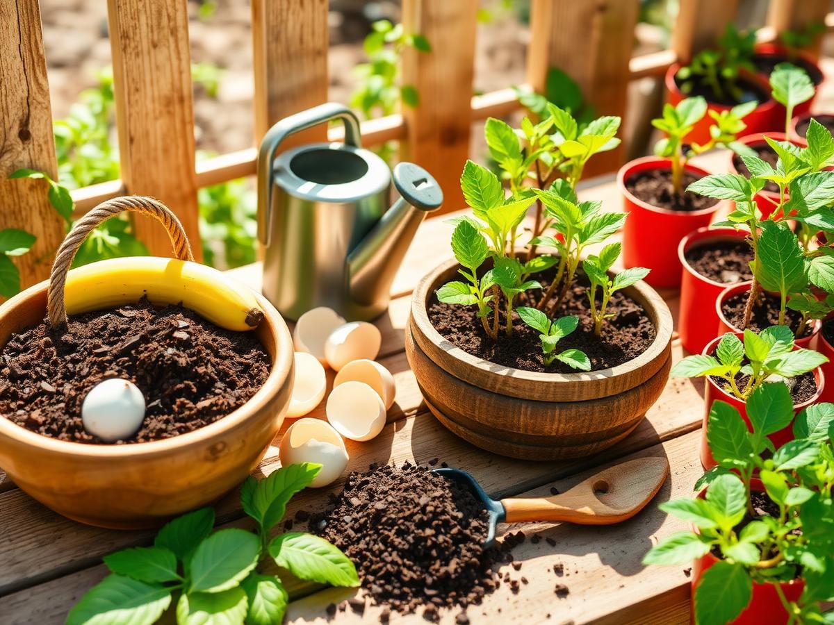 Ingredientes naturales y utensilios para elaborar fertilizantes caseros