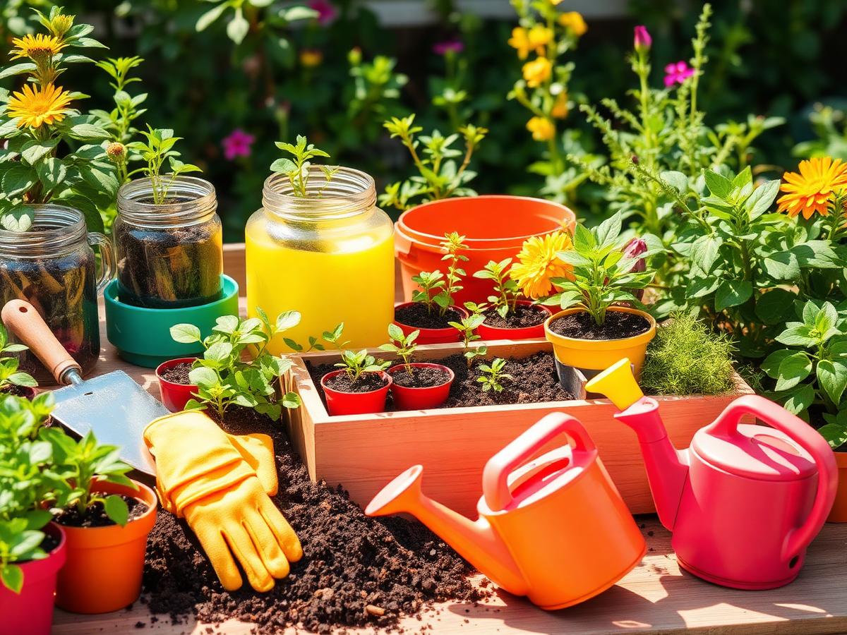 Esquejes, semilleros y utensilios de jardinería de colores vivos
